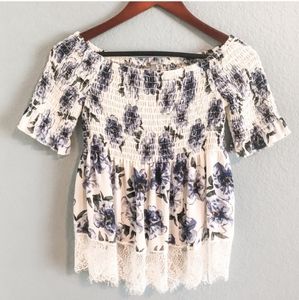 Charlotte Russe Top XS Floral Boho Hippie Cottagecore Off Shoulder Smocked Shirt